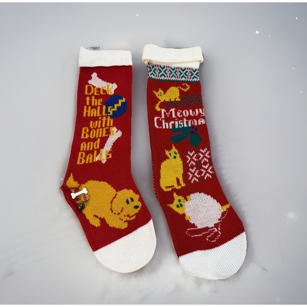 VTG Knit Stockings For Pets MEOWY Christmas Cat Dog Red White Charms Reversible